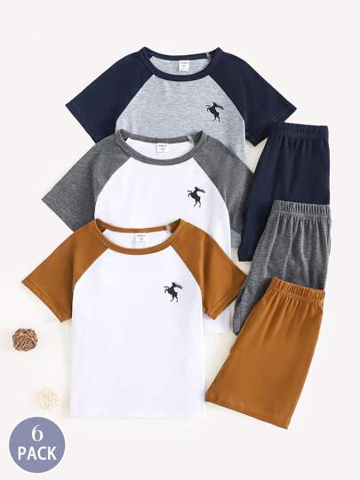 6 قطعة/مجموعة من الأطفال الصغار أولاد طقم قصير الأكمام طاقم الرقبة والشورت مطبوع بلوك كالور، مناسب للربيع والصيف والخريف للارتداء اليومي العادي أو الخارجي