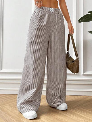 EZwear بنطلون كاجوال للنساء بنمط مخطط بني وأبيض، مناسب للربيع والصيف