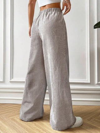 EZwear بنطلون كاجوال للنساء بنمط مخطط بني وأبيض، مناسب للربيع والصيف