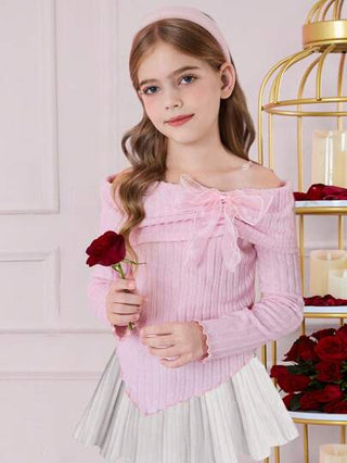 تيشيرتات بناتي Girlism تي شيرت تي شيرت قصير متناسق للبنات المراهقات بأكمام طويلة مزين بفيونكة وكشكشة على الكتف وحاشية غير متناسقة، بلون وردي، مناسب للحفلات والمناسبات الأنيقة كعيد الميلاد، حفل زفاف، عودة للمدرسة.