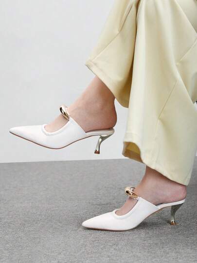 CUCCOO BIZCHIC أحذية كعب عالي بنعل مدبب، مزين بهلال ذهبي أنيق، مناسب للعمل والمناسبات الرسمية والملابس المكتبية، أحذية مول ، جلد وبي يو أبيض