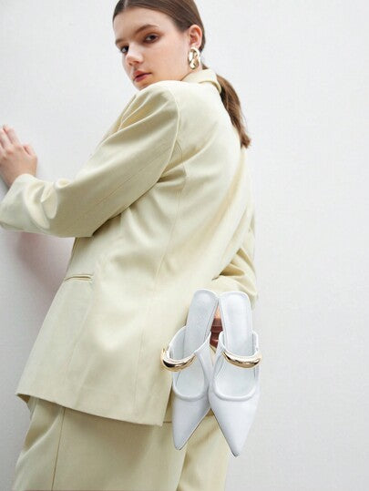 CUCCOO BIZCHIC أحذية كعب عالي بنعل مدبب، مزين بهلال ذهبي أنيق، مناسب للعمل والمناسبات الرسمية والملابس المكتبية، أحذية مول ، جلد وبي يو أبيض