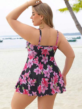 Swim Lushoire مجموعة بحجم كبير للنساء مكونة من 2 قطعة، توب بأربطة قابلة للتعديل ومطبوع بزهور السوسن و سروال خصر عالٍ، بيكيني وتانكيني أنيقة وكاجوال مناسبة للشاطئ والعطلات