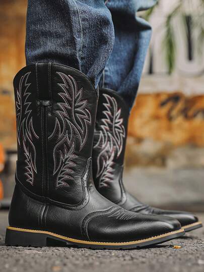 Mioeert بوت كاوبوي للرجال ذات القدم الواسعة والأصابع المربعة، بوت غربية كلاسيكية مطرزة سهلة الارتداء