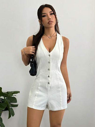 Flirla جمبسوت قصيرة بياقة على شكل حرف "V" مزودة بأزرار، بسيطة وعصرية للارتداء اليومي الكاجوال