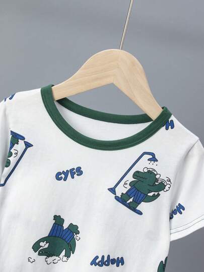 6 قطع/ مجموعة من بيجامات طقم قصير الأكمام شورت مطبوع برسوم ديناصورات ملونة للأطفال الصغار ، خفيفة الوزن ، ملابس منزلية صيفية للأولاد الصغار