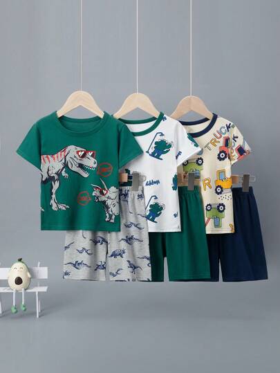 6 قطع/ مجموعة من بيجامات طقم قصير الأكمام شورت مطبوع برسوم ديناصورات ملونة للأطفال الصغار ، خفيفة الوزن ، ملابس منزلية صيفية للأولاد الصغار