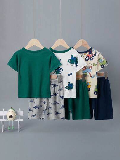 6 قطع/ مجموعة من بيجامات طقم قصير الأكمام شورت مطبوع برسوم ديناصورات ملونة للأطفال الصغار ، خفيفة الوزن ، ملابس منزلية صيفية للأولاد الصغار