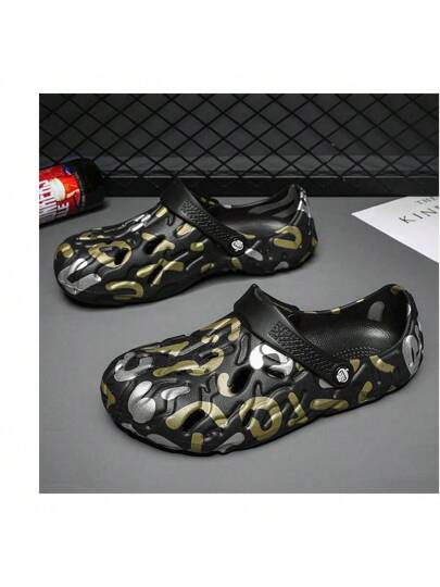 جوز حذاء كلوج رجالي خفيف الوزن مريح مع تصميم مفرغ، أحذية حديقة مانعة للانزلاق، صنادل صيفية شبكية للرجال للاستخدام اليومي الخارجي، شبشب شاطئ سميك مانع للانزلاق (طباعة زهور عشوائية)