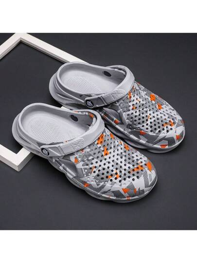 زوج من الكلوغز الخفيفة الوزن والمريحة للرجال ذات تصميم مفرّغ، مضادة للانزلاق للحديقة، صنادل شبكية صيفية للرجال للاستخدام اليومي، نعل سميك مانع للانزلاق في الشاطئ (نمط الجزء العلوي من الحذاء عشوائي وغير متماثل)