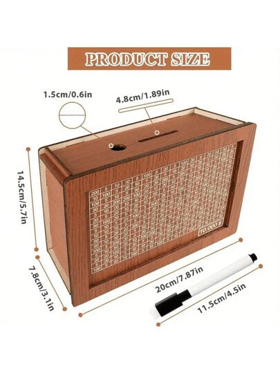 1 قطعة صندوق توفير مصنوع من الخشب، بنك خشبي قابل لإعادة الاستخدام للأطفال مع قلم تخطيطي، عداد للأهداف المخزنة (1000 يورو، 3000 يورو، 5000 يورو، 10000 يورو)، مناسب كهدية للأطفال والبالغين