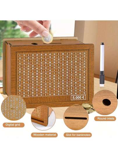 1 قطعة صندوق توفير مصنوع من الخشب، بنك خشبي قابل لإعادة الاستخدام للأطفال مع قلم تخطيطي، عداد للأهداف المخزنة (1000 يورو، 3000 يورو، 5000 يورو، 10000 يورو)، مناسب كهدية للأطفال والبالغين