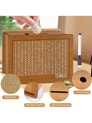 1 قطعة صندوق توفير مصنوع من الخشب، بنك خشبي قابل لإعادة الاستخدام للأطفال مع قلم تخطيطي، عداد للأهداف المخزنة (1000 يورو، 3000 يورو، 5000 يورو، 10000 يورو)، مناسب كهدية للأطفال والبالغين