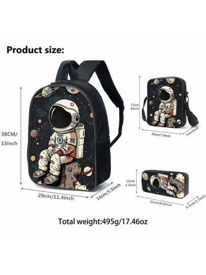 ثلاث قطع طقم حقيبة ظهر بنمط رائد الفضاء للطلاب، حقيبة ظهر خفيفة للترفيه والخارج للأولاد، ثلاث قطع مكونة من حقيبة مدرسية وحقيبة كتف وقلم