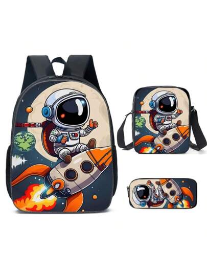 ثلاث قطع طقم حقيبة ظهر بنمط رائد الفضاء للطلاب، حقيبة ظهر خفيفة للترفيه والخارج للأولاد، ثلاث قطع مكونة من حقيبة مدرسية وحقيبة كتف وقلم