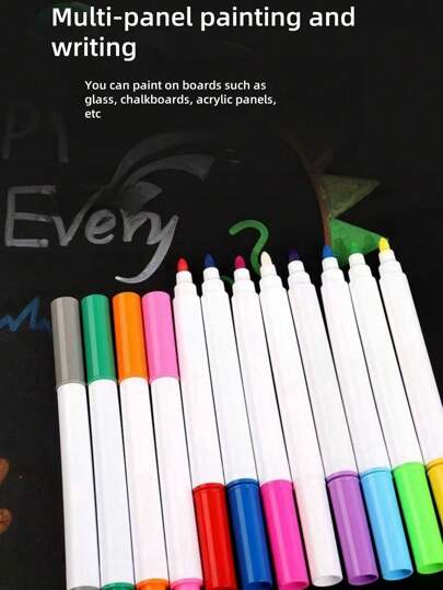 أدوات مكتبية ومدرسية 12 قطعة قلم طباشير سائل أبيض لوحة إضاءة ليد، قلم لوحة مسح بالماء للزجاج والسيراميك والجلد قابلة للمسح جديرة للرسم واللعب بالطباشير الأبيض السائل مثل بيض عيد الفصح