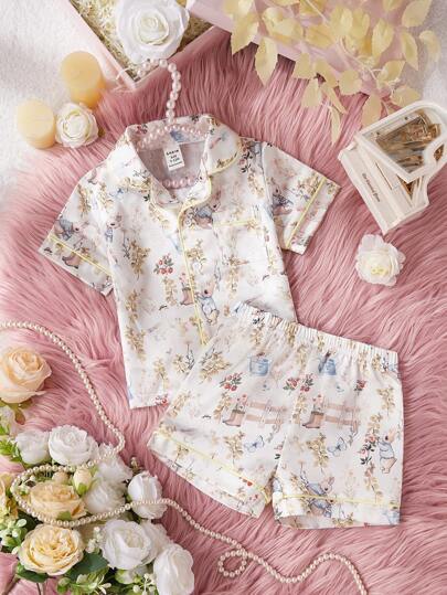 مجموعة ملابس علوية وشورت كاجوال ومريحة للبنات الصغار ، 2 قطعة، من قماش الستان المحبب والكريب باللون المشمشي