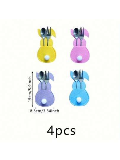 4 قطع حقيبة قفازات أدوات المائدة مصنوعة من الشعر الأرنب الأبيض، ديكورات عيد الفصح السعيد للمنزل ،غطاء أدوات المائدة على شكل أرنب ،أكسسوارات قطعة المائدة