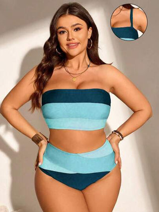 SHEIN Swim Curve 2 قطعة / مجموعة ملابس سباحة بيكيني حجم كبير للنساء، تصميم مخطط والوان متباينة، بسيط وأنيق مناسب للعطلات الصيفية والاستجمام على الشاطئ