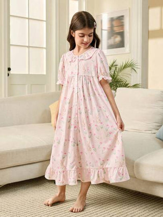 بيجاما ثوب نوم قصير كم مزين بتكسيرات ورسومات الأرنب والزهور البناتية المناسب للارتداء اليومي والمنزلي ، ملابس يومية للفتيات ،مطابقة لخطوط الأخوة (يباع قطعتان بشكل منفصل)