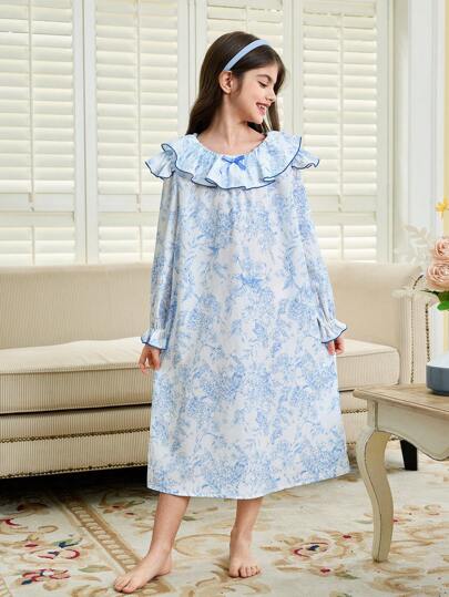 بيجاما فستان نوم/ ملابس منزلية فضفاض مريح ذو رقبة دائرية وأكمام طويلة وحواف مرشرشة بطبعات زهرية، مناسب للارتداء في المنزل ، أثناء العطلات، والخروج