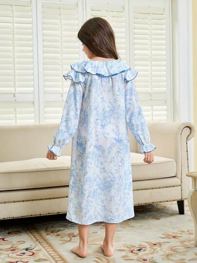 بيجاما فستان نوم/ ملابس منزلية فضفاض مريح ذو رقبة دائرية وأكمام طويلة وحواف مرشرشة بطبعات زهرية، مناسب للارتداء في المنزل ، أثناء العطلات، والخروج