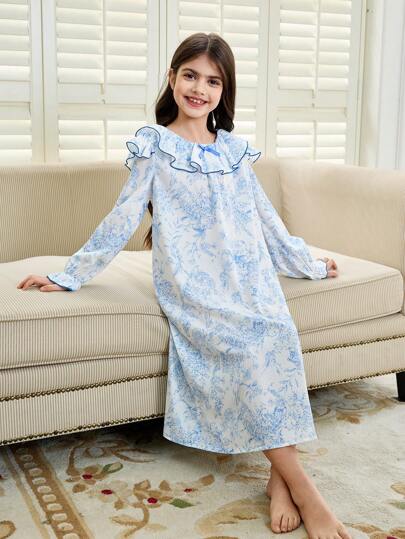 بيجاما فستان نوم/ ملابس منزلية فضفاض مريح ذو رقبة دائرية وأكمام طويلة وحواف مرشرشة بطبعات زهرية، مناسب للارتداء في المنزل ، أثناء العطلات، والخروج