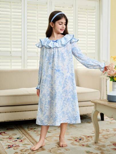 بيجاما فستان نوم/ ملابس منزلية فضفاض مريح ذو رقبة دائرية وأكمام طويلة وحواف مرشرشة بطبعات زهرية، مناسب للارتداء في المنزل ، أثناء العطلات، والخروج