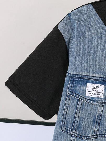 مايوه حريمي قطعة واحدة تي شيرت كاجوال لصبي المراهق بطبعة من الجينز البسيطة مقترن مع شورت، مناسب للاستخدام اليومي في فصلي الربيع والصيف