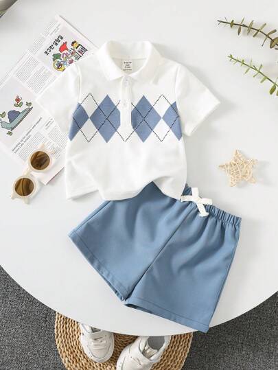 مجموعة قميص بولو أبيض وشورت أزرق بنمط ماسي للأطفال والرضع، مناسبة للربيع والصيف