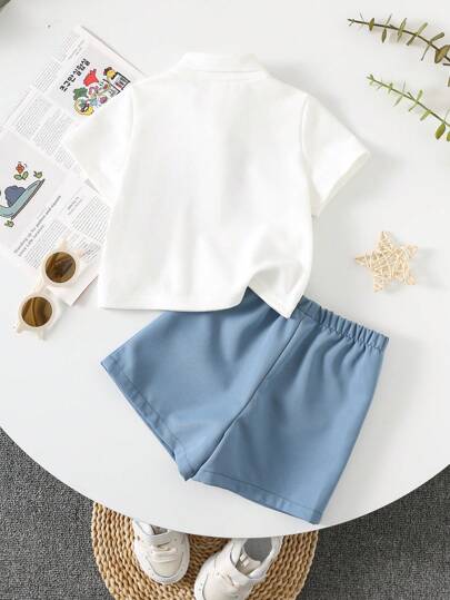 مجموعة قميص بولو أبيض وشورت أزرق بنمط ماسي للأطفال والرضع، مناسبة للربيع والصيف
