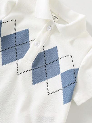 مجموعة قميص بولو أبيض وشورت أزرق بنمط ماسي للأطفال والرضع، مناسبة للربيع والصيف