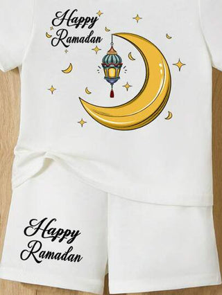 طقم تي شيرت وشورت قصير الأكمام بطباعة تصميم رمضان للأطفال البنين، مناسب للصيف