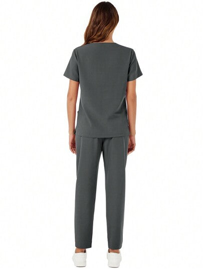 مجموعة بدلة V الرقبة ذات الأكمام القصيرة والسراويل ذات الجيوب ، مجموعة المعطف الطبي