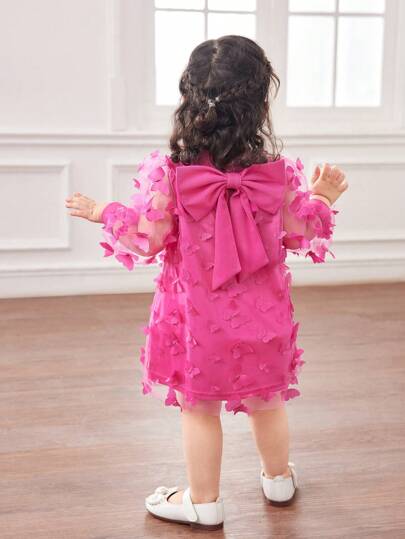 فساتين بيبي فستان أطفال بنات طويل الأكمام مصنوع من الشبك والورود الماجنتا الجذابة ، صيفي