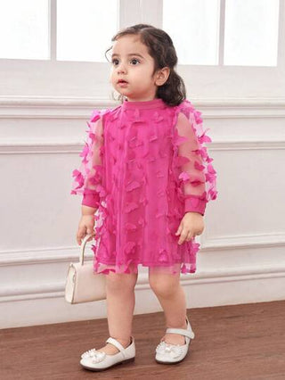 فساتين بيبي فستان أطفال بنات طويل الأكمام مصنوع من الشبك والورود الماجنتا الجذابة ، صيفي