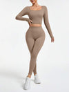 SHEIN Sport Studio بدلة رياضية أنثوية كاملة بقميص رقبة مربعة وأكمام طويلة وبنطال ليغنز أطقم رياضية بخياطة غير منظورة للنساء، لون بيج، مجموعة ملابس تمارين رياضية للنساء