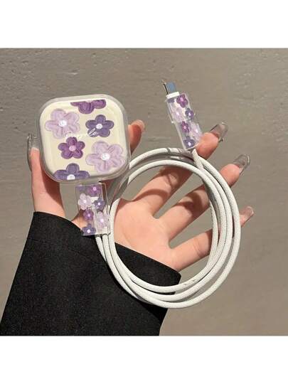 3 مجموعات/واقي كابل بيانات بنقشة زهرية بنفسجية متوافق مع آيفون, يناسب محول الشاحن البريطاني 20 واط، كم كابل لمنع التلف