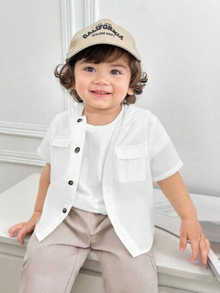 SHEIN زرار جيب قصير الأكمام مزين كارديجان أبيض للأطفال الرضع والصغار دون تحديد الجنس، مناسب للصيف، الرياضة، المنزل، الخارج، المدرسة