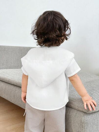 SHEIN زرار جيب قصير الأكمام مزين كارديجان أبيض للأطفال الرضع والصغار دون تحديد الجنس، مناسب للصيف، الرياضة، المنزل، الخارج، المدرسة