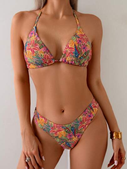 مجموعة بكيني مطبوعة بطبعة استوائية ، طبعة عشوائية