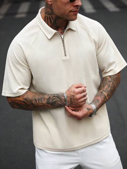 Manfinity Homme قميص كاجوال بأكمام قصيرة وسحّاب أمامي ذو لون أحادي للرجال