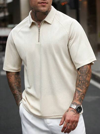 Manfinity Homme قميص كاجوال بأكمام قصيرة وسحّاب أمامي ذو لون أحادي للرجال