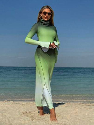 طقم تانكيني حريمي Swim Shayni مجموعة كاجوال تنكيني تتكون من: ملابس علوية بياقة عالية وأكمام طويلة ombre، بنطلون، وتنورة للتغطية، مناسبة للصيف والعطلات البحرية