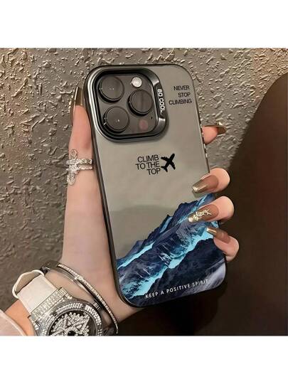 حافظة هاتف بطبعة طائرة سوداء ومناظر جبلية وشعار نصي إنجليزي متوافقة مع iPhone 16 برو ماكس/15/14 بلس/13/12/11
