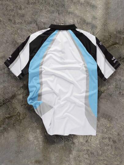 Manfinity Sporsity قميص بولو كم قصير رجالي بلون صلب مع وصلات ، أزرار أمامية، بطباعة حروف فضفاضة