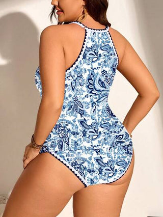 Swim Lushoire مجموعة بوركيني بأعلى و أسفل بياقة طاقم و بدون أكمام و مع لوحة ألوان مقسمة, ملابس السباحة للمرأة البدينة, للصيف والعطلات الشاطئية