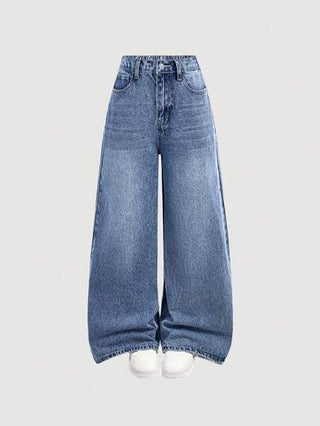 SHEIN Girlism بنطلون جينز واسع الساق 2000 فينتاج بقصة ضخمة، بنطلون جينز واسع وشارع النمط الكوري للفتيات بأسلوب ريترو للأجيال المراهقة المبكرة، ملابس ربيع وصيف للبنات، أزياء للعودة إلى المدرسة