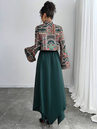 Yasmyna طقم من جاكيت كاجوال بأكمام طويلة مطبوعة مع فستان قصير مربوط أمامي للنساء، ملابس عربية