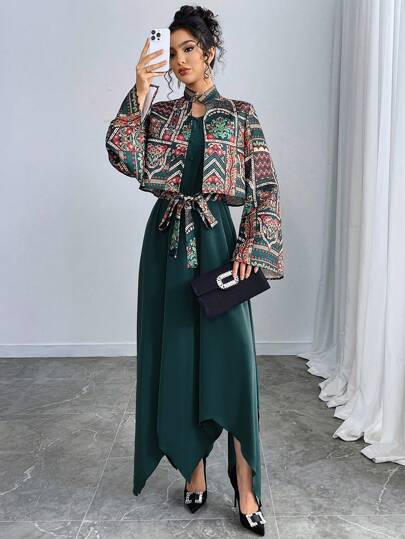 Yasmyna طقم من جاكيت كاجوال بأكمام طويلة مطبوعة مع فستان قصير مربوط أمامي للنساء، ملابس عربية
